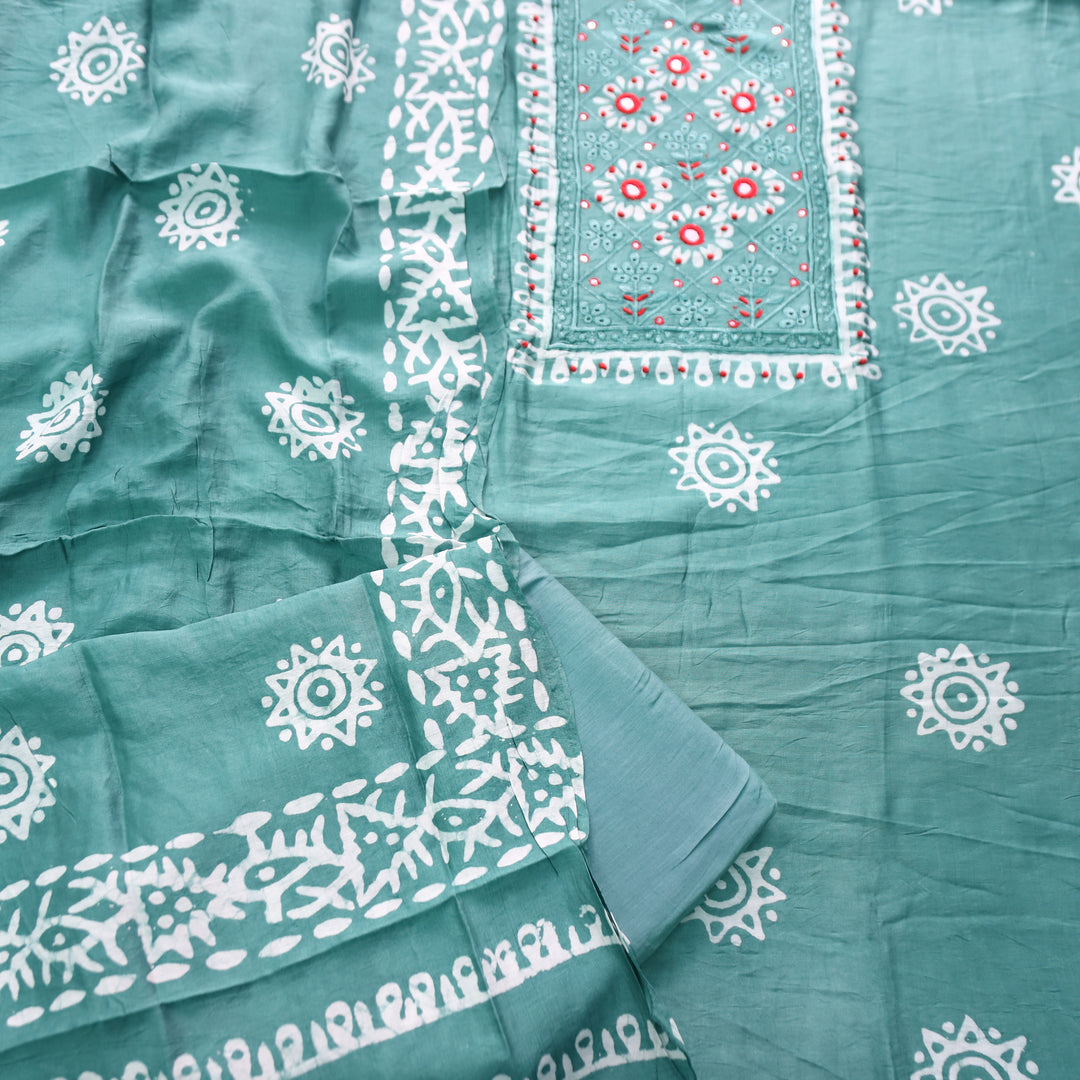 Rupali Fossil Grey Schiffli Thread Work with Mirror Neck Batik Print Modal Set