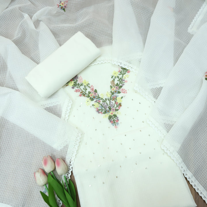 Brishta White Kolkata Hand Embriodered Kota Doriya Set