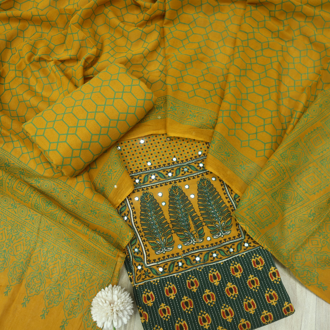 Noorani Pine Green Ajrak Patch with Mirror Work Cotton Suit Set