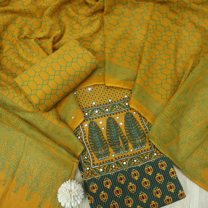 Noorani Pine Green Ajrak Patch with Mirror Work Cotton Suit Set