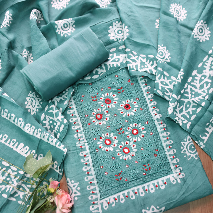 Rupali Fossil Grey Schiffli Thread Work with Mirror Neck Batik Print Modal Set