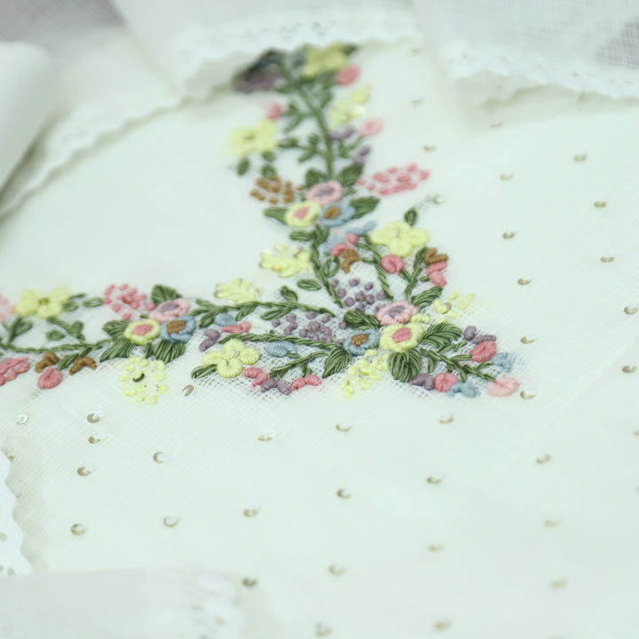 Brishta White Kolkata Hand Embriodered Kota Doriya Set