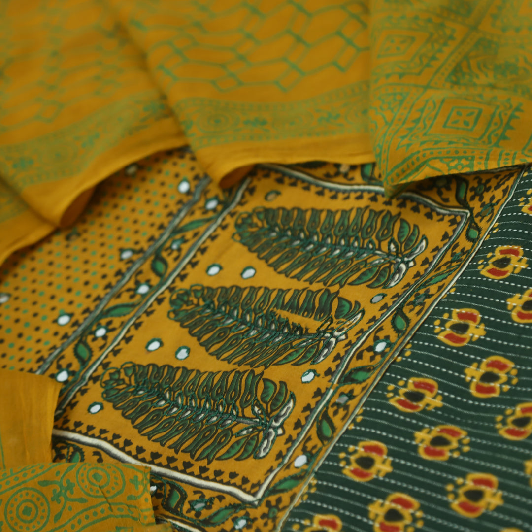 Noorani Pine Green Ajrak Patch with Mirror Work Cotton Suit Set