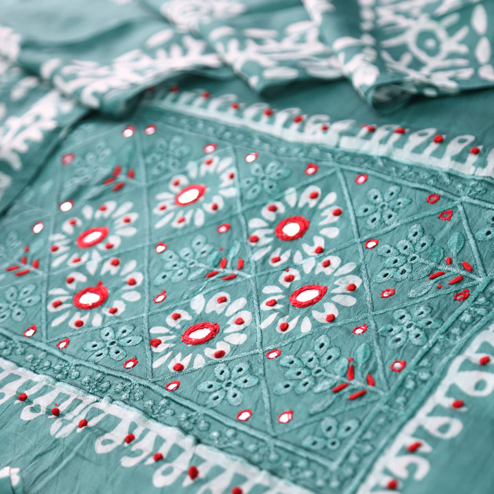 Rupali Fossil Grey Schiffli Thread Work with Mirror Neck Batik Print Modal Set