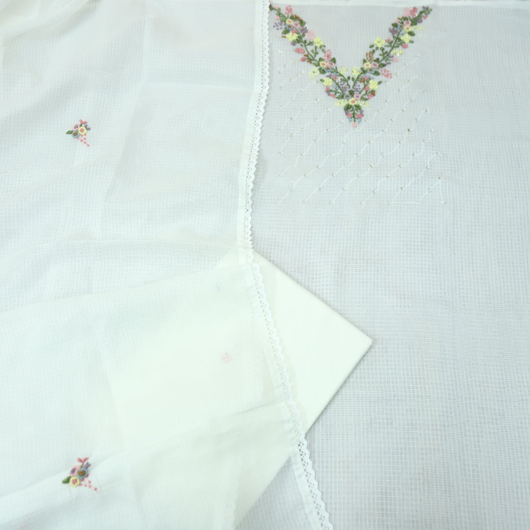 Brishta White Kolkata Hand Embriodered Kota Doriya Set