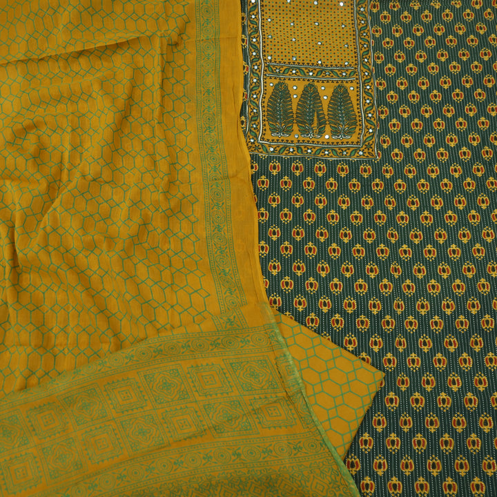 Noorani Pine Green Ajrak Patch with Mirror Work Cotton Suit Set