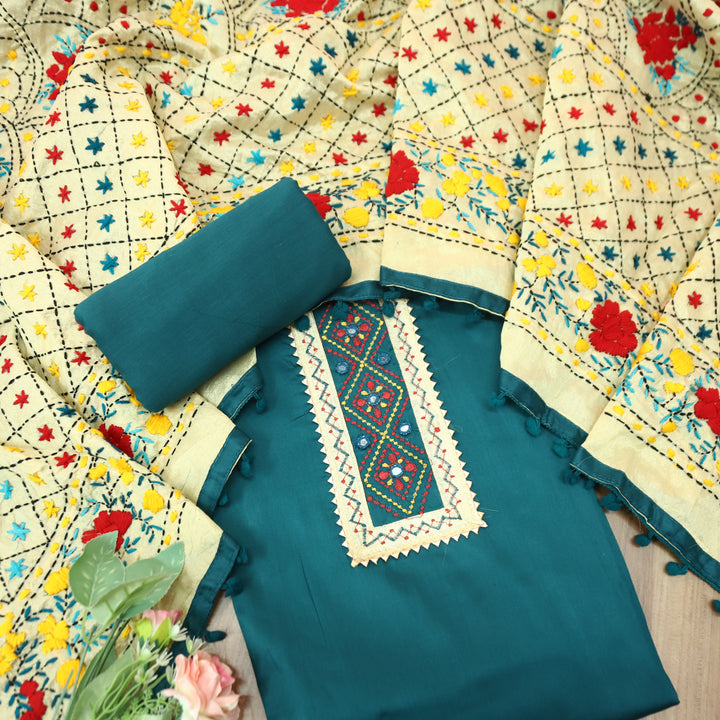 Phoolkumari Cerulean Teal Mirror In Front with Patch Glazed Cotton Set