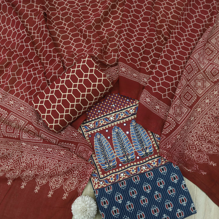 Noorani Denim Blue Ajrak Patch with Mirror Work Cotton Suit Set