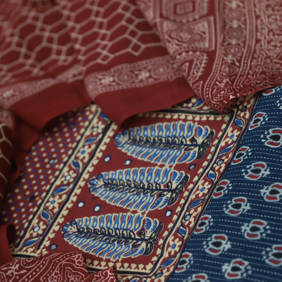 Noorani Denim Blue Ajrak Patch with Mirror Work Cotton Suit Set