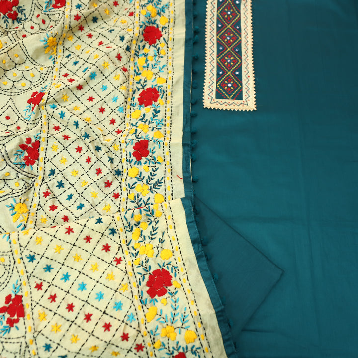 Phoolkumari Cerulean Teal Mirror In Front with Patch Glazed Cotton Set
