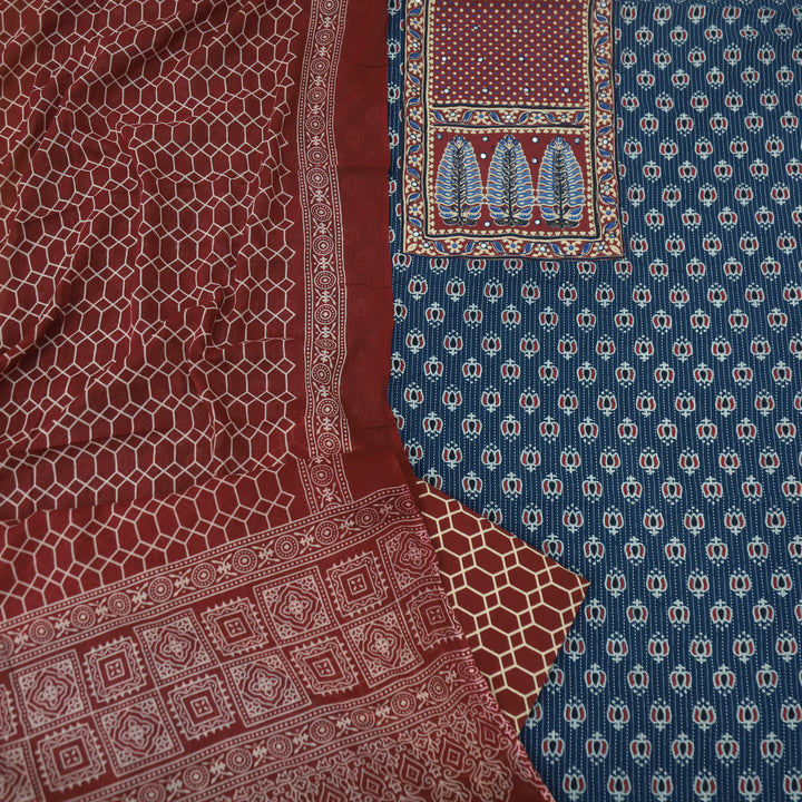 Noorani Denim Blue Ajrak Patch with Mirror Work Cotton Suit Set