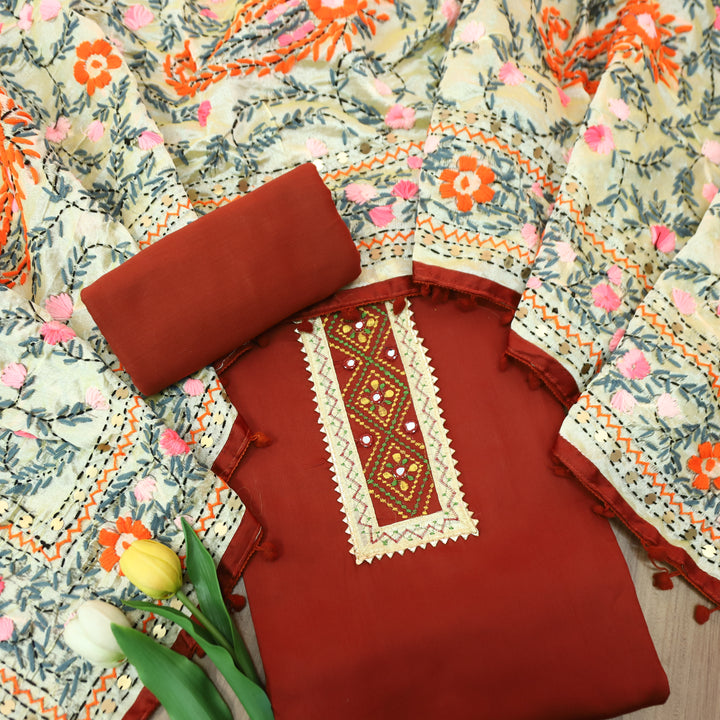 Phoolkumari Kumkum Red Mirror In Front with Patch Glazed Cotton Set