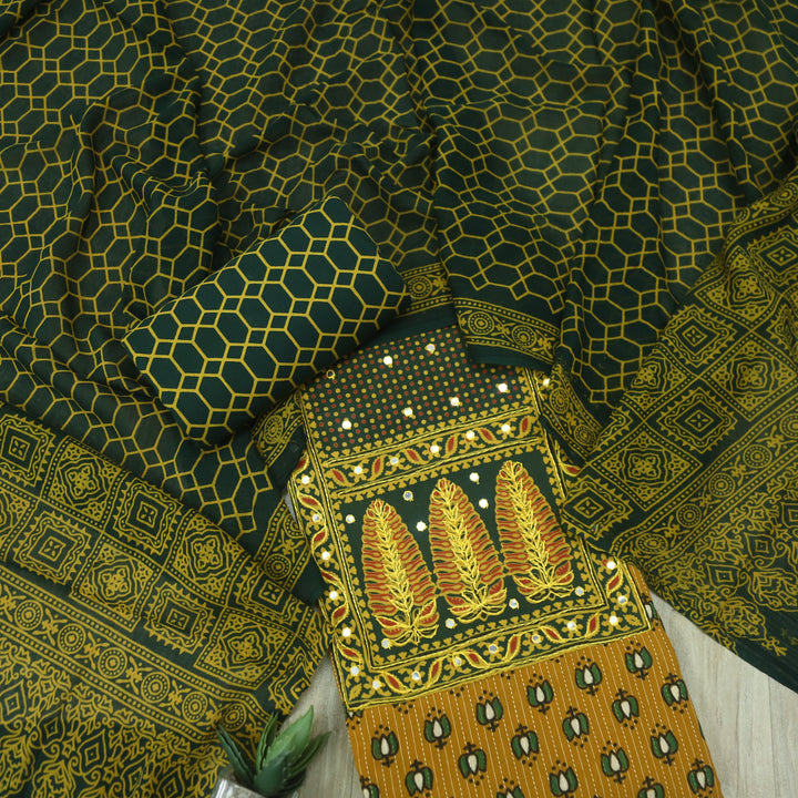 Noorani Lemon Yellow Ajrak Patch with Mirror Work Cotton Suit Set