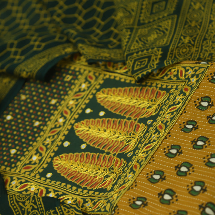 Noorani Lemon Yellow Ajrak Patch with Mirror Work Cotton Suit Set