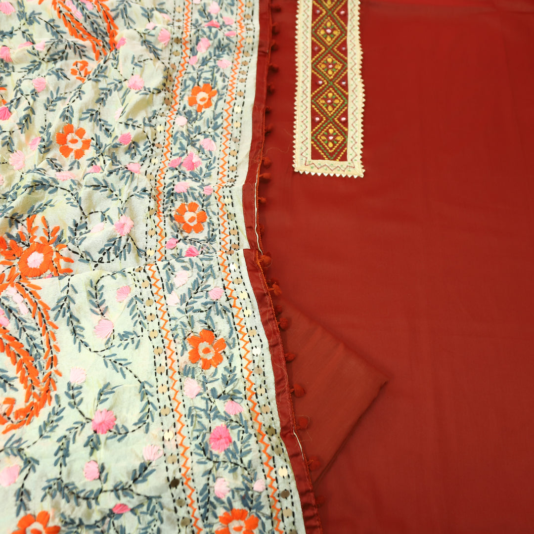 Phoolkumari Kumkum Red Mirror In Front with Patch Glazed Cotton Set