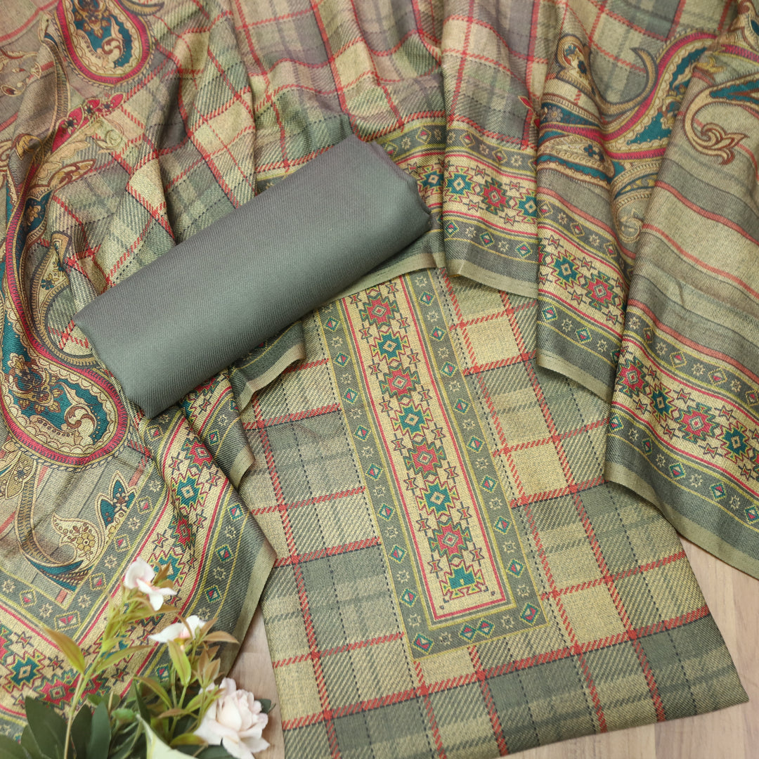 Nakhrili Fossil Grey Check Digital Printed Semi Pashmina Winter Set