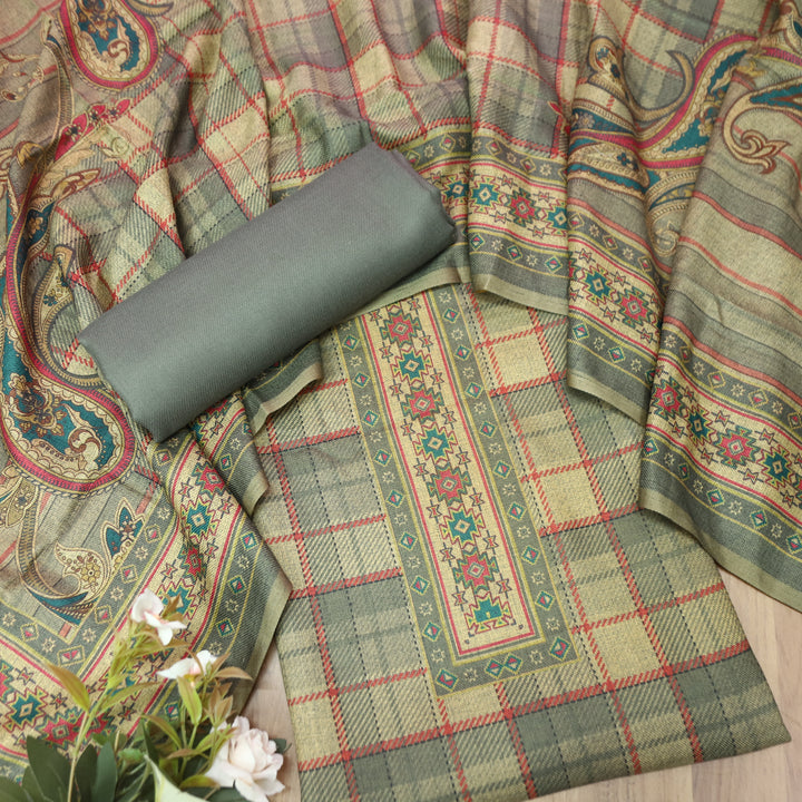 Nakhrili Fossil Grey Check Digital Printed Semi Pashmina Winter Set