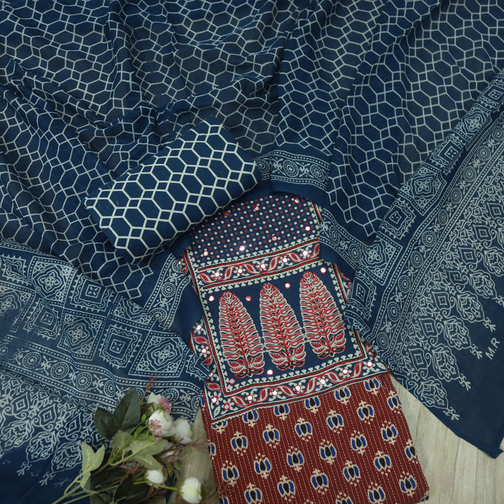 Noorani Brick Red Ajrak Patch with Mirror Work Cotton Suit Set