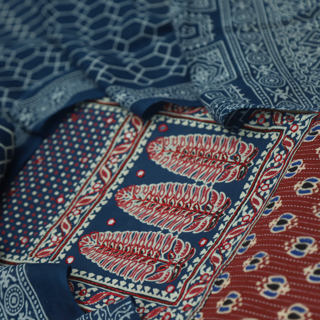 Noorani Brick Red Ajrak Patch with Mirror Work Cotton Suit Set