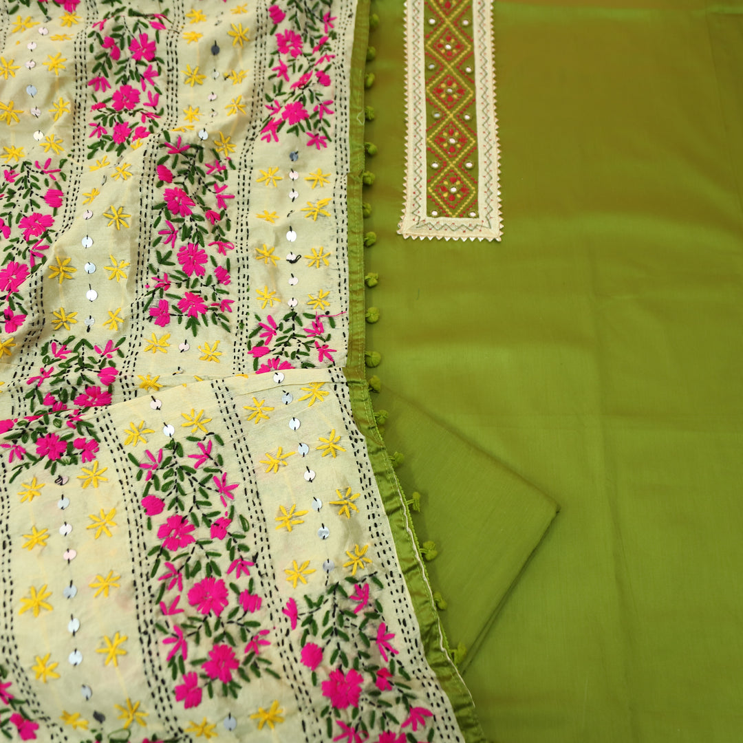 Phoolkumari Parrot Green Mirror In Front with Patch Glazed Cotton Set