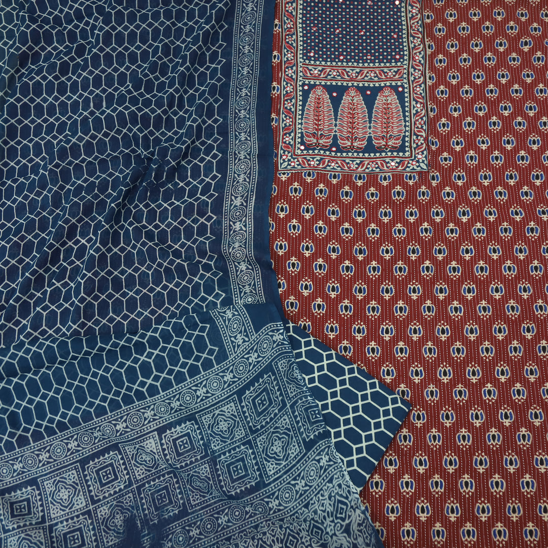 Noorani Brick Red Ajrak Patch with Mirror Work Cotton Suit Set