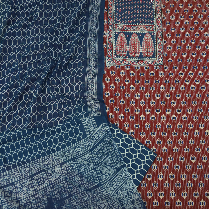 Noorani Brick Red Ajrak Patch with Mirror Work Cotton Suit Set