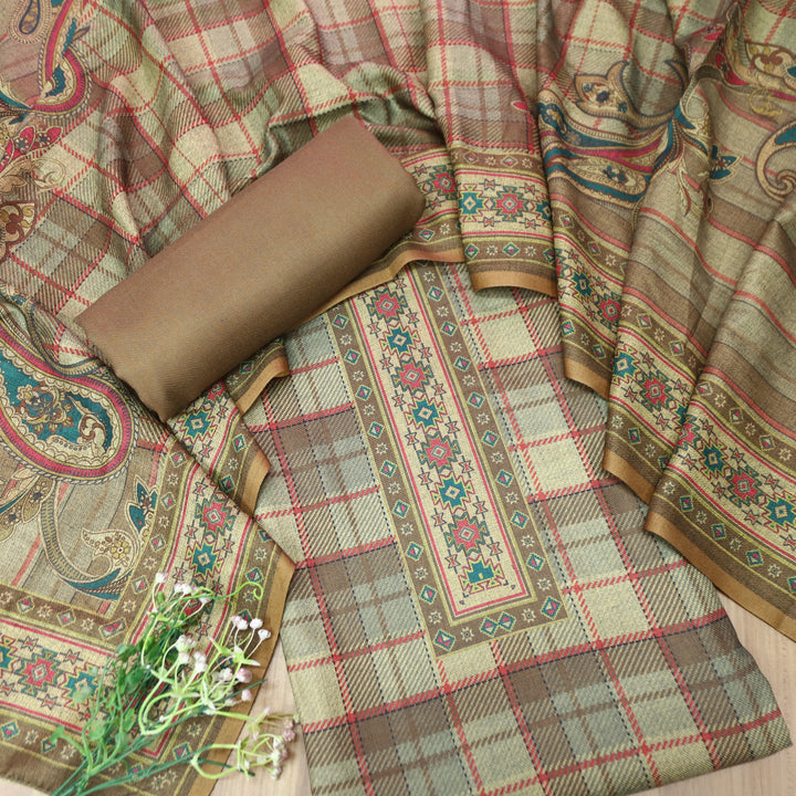 Nakhrili Coco Beige Check Digital Printed Semi Pashmina Winter Set