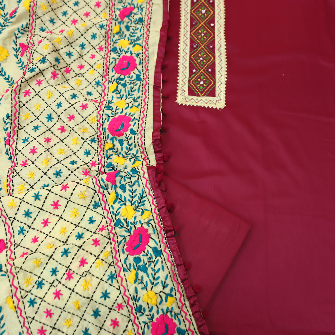 Phoolkumari Magenta Pink Mirror In Front with Patch Glazed Cotton Set