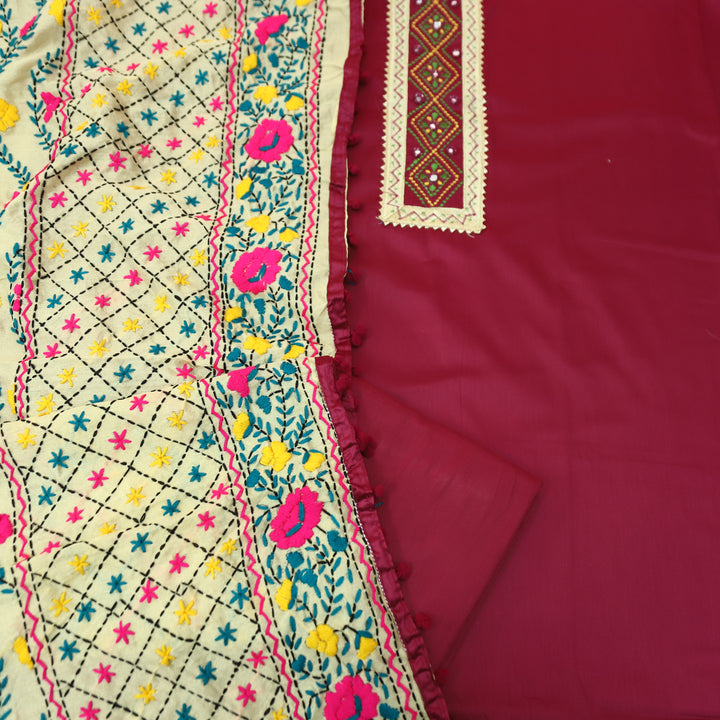 Phoolkumari Magenta Pink Mirror In Front with Patch Glazed Cotton Set