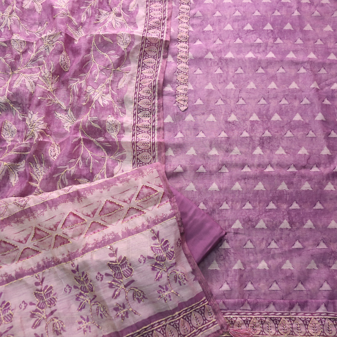 Alhada Mulberry Purple Kantha Embroidery Digital Printed Chanderi Suit Set