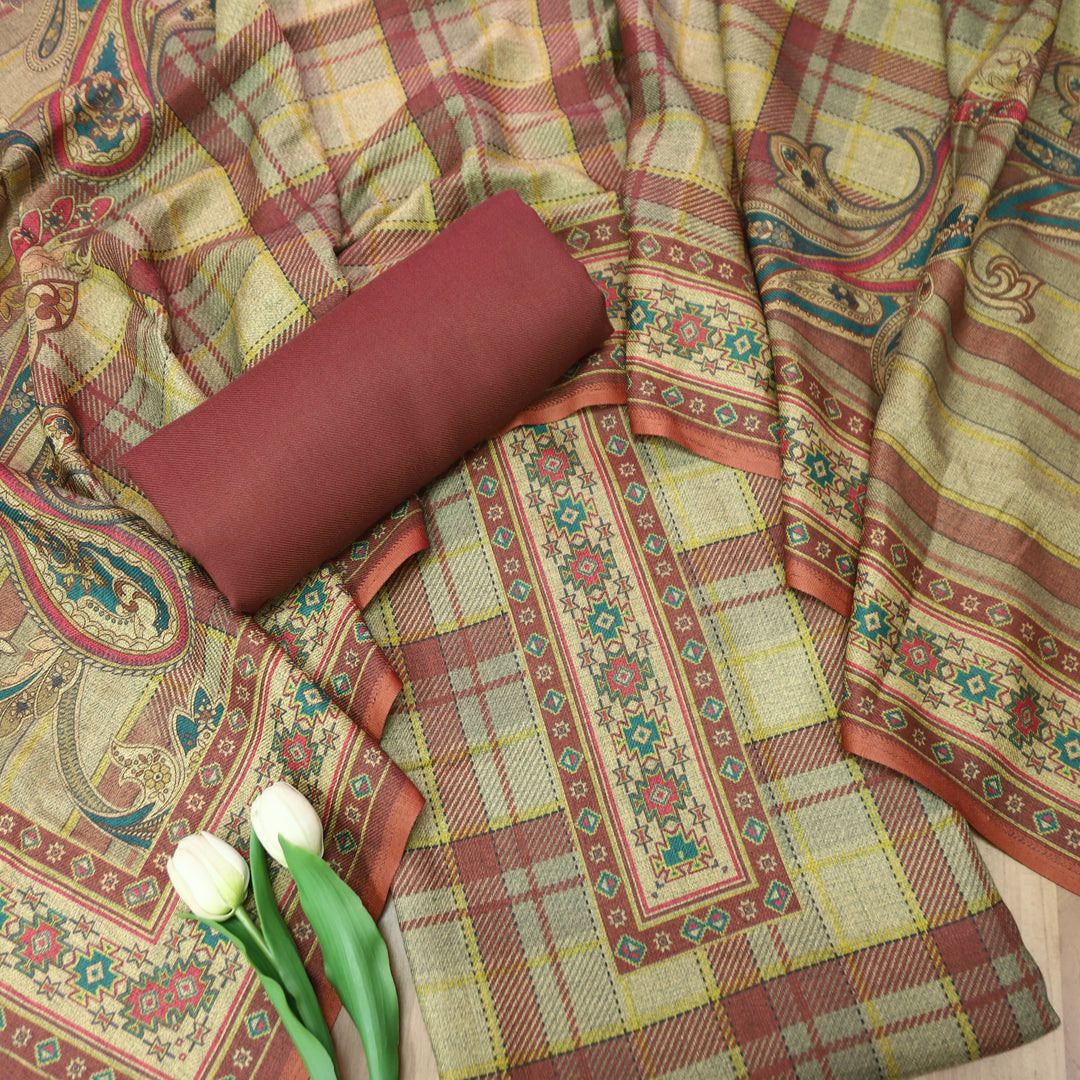 Nakhrili Barn Mauve Check Digital Printed Semi Pashmina Winter Set