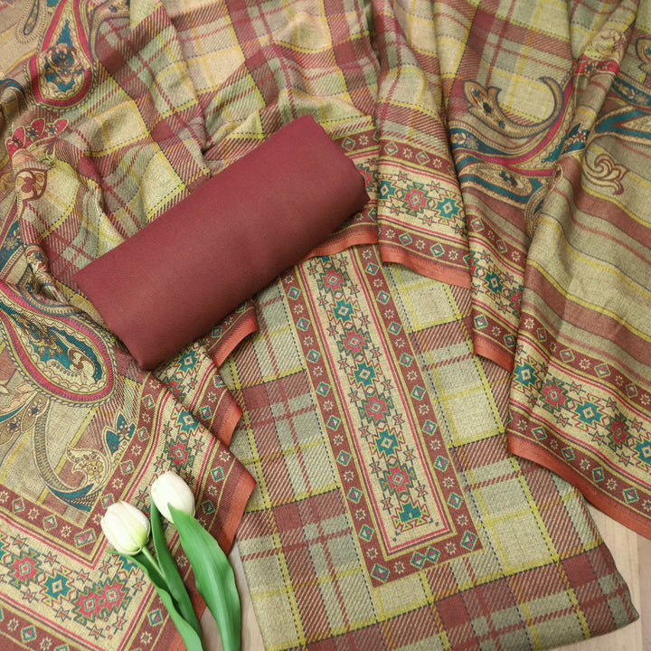 Nakhrili Barn Mauve Check Digital Printed Semi Pashmina Winter Set