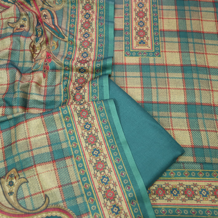 Nakhrili Aqua Teal Mauve Check Digital Printed Semi Pashmina Winter Set