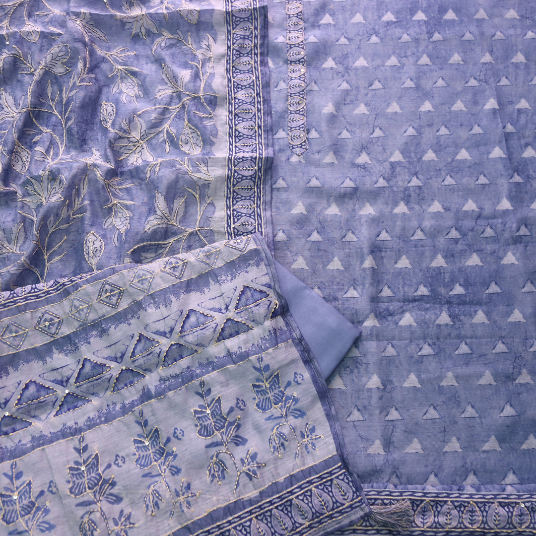 Alhada Space Blue Kantha Embroidery Digital Printed Chanderi Suit Set