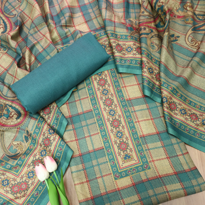 Nakhrili Aqua Teal Mauve Check Digital Printed Semi Pashmina Winter Set