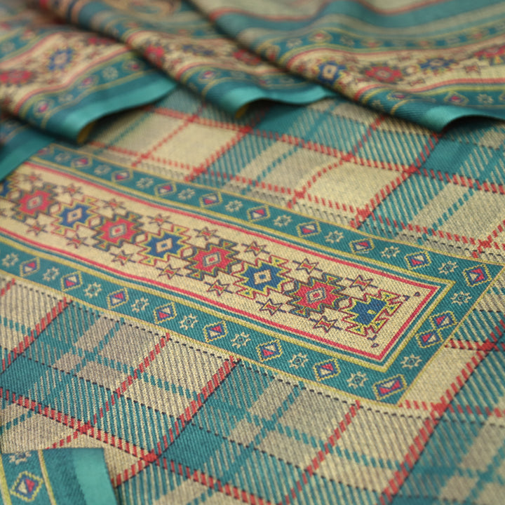 Nakhrili Aqua Teal Mauve Check Digital Printed Semi Pashmina Winter Set
