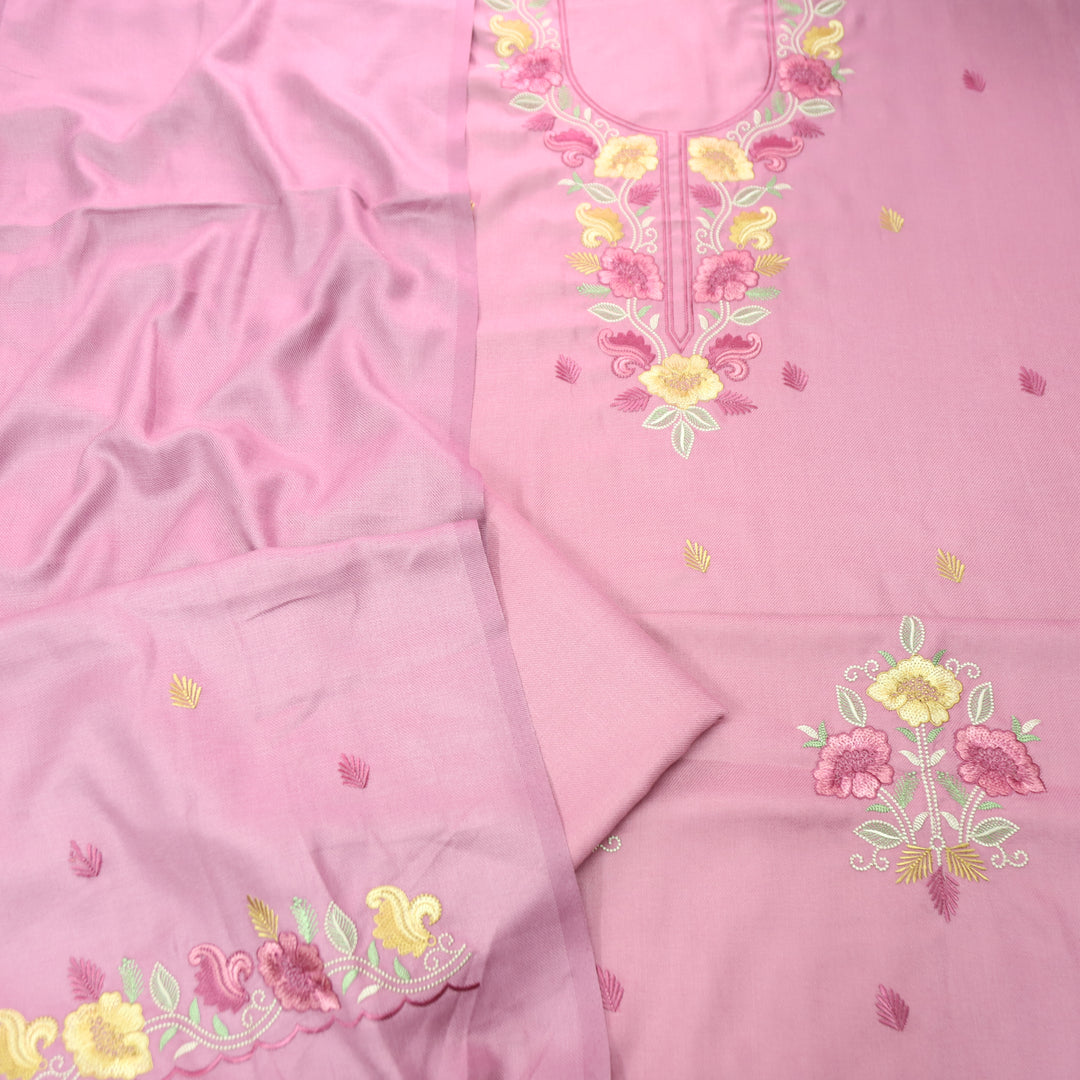 Mirza Petal Pink Kashida Embroidered Semi Pashmina Winter Set