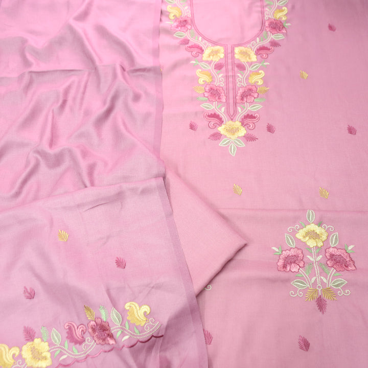 Mirza Petal Pink Kashida Embroidered Semi Pashmina Winter Set