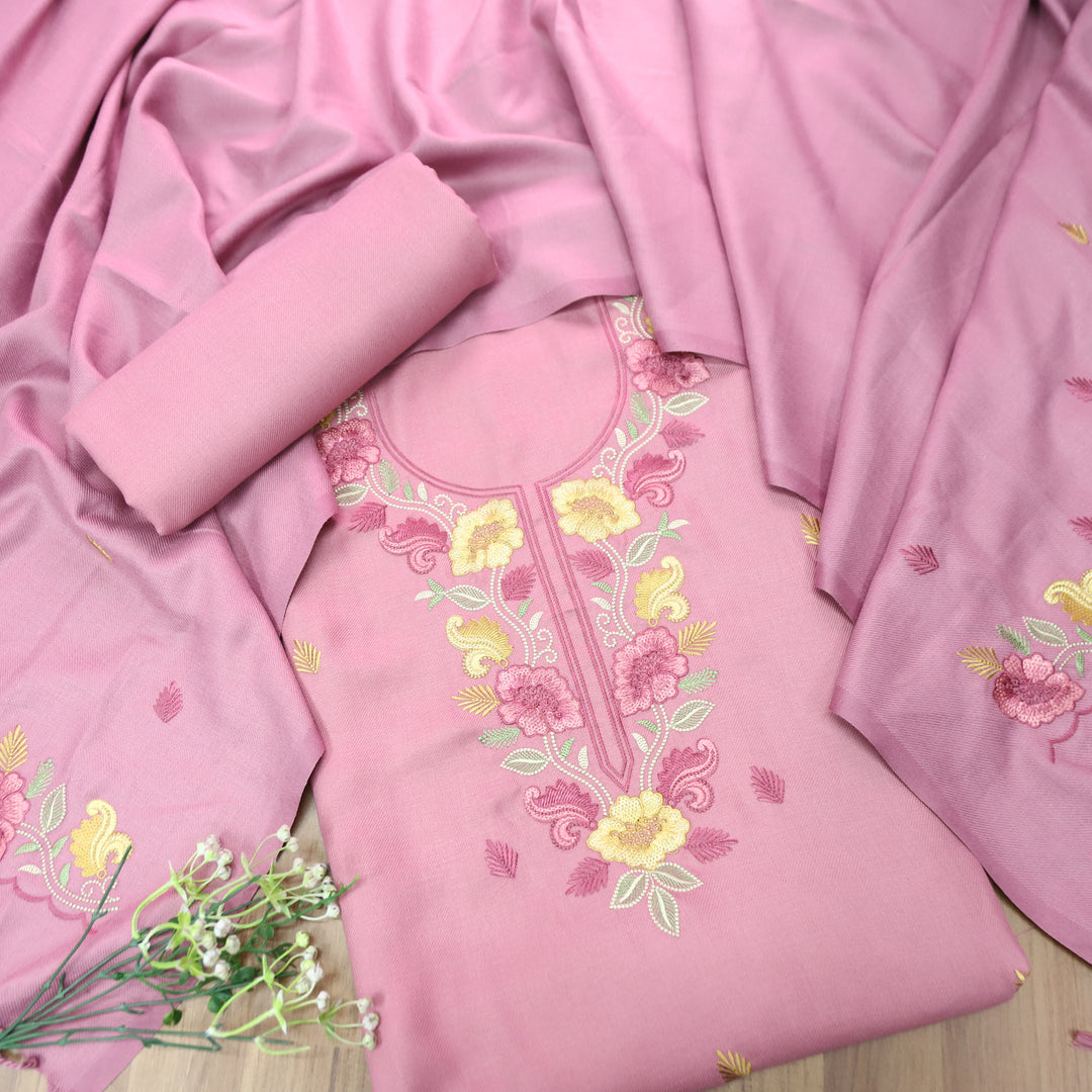 Mirza Petal Pink Kashida Embroidered Semi Pashmina Winter Set