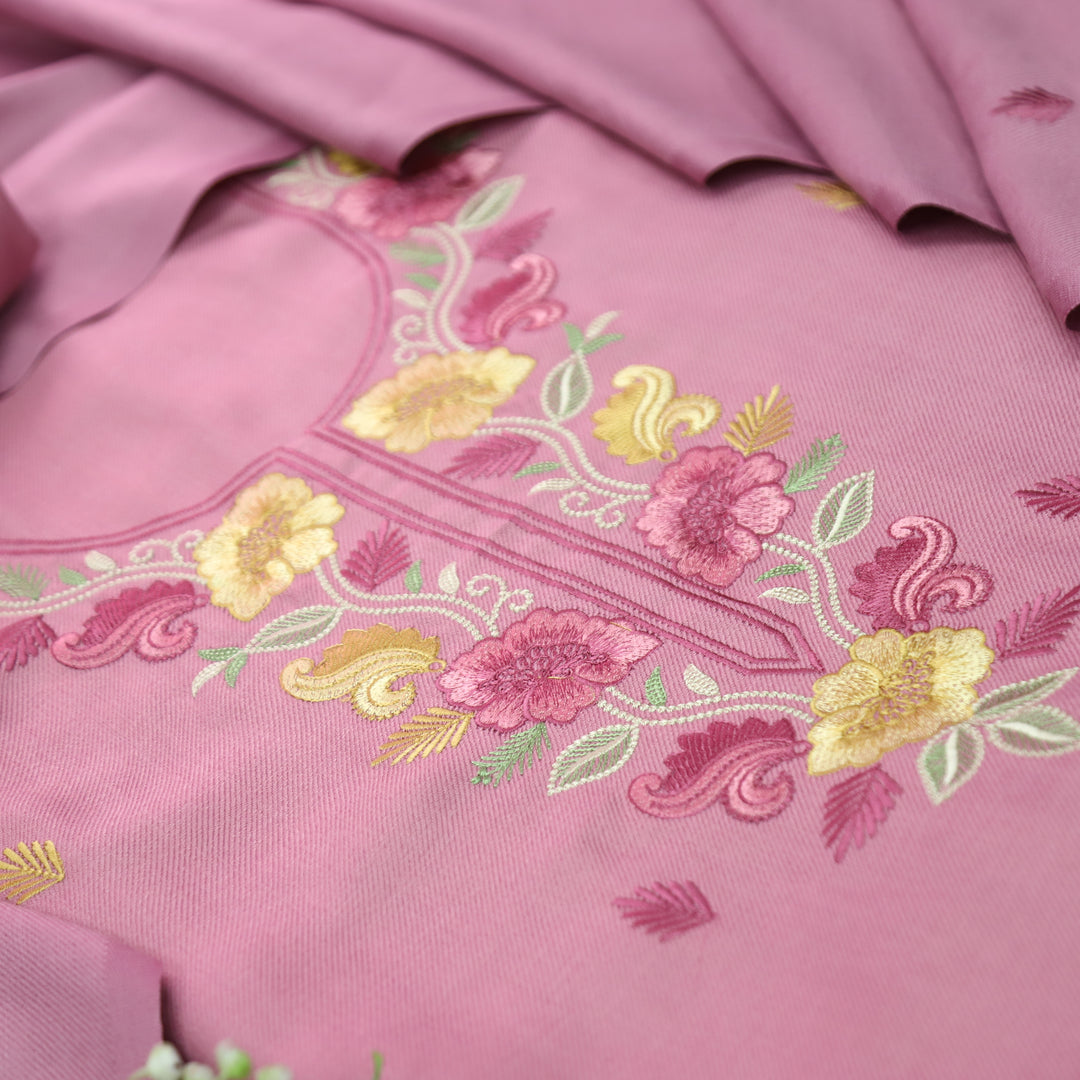Mirza Petal Pink Kashida Embroidered Semi Pashmina Winter Set