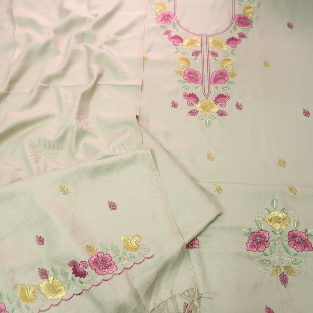 Mirza Cream Beige Kashida Embroidered Semi Pashmina Winter Set