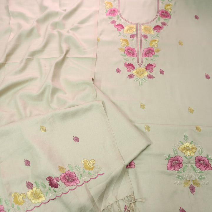 Mirza Cream Beige Kashida Embroidered Semi Pashmina Winter Set