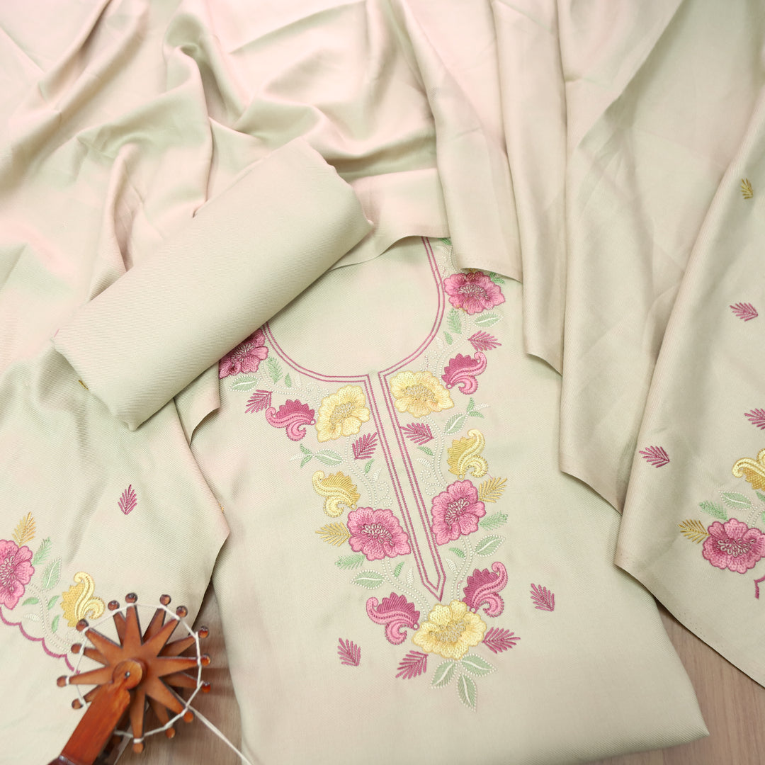 Mirza Cream Beige Kashida Embroidered Semi Pashmina Winter Set