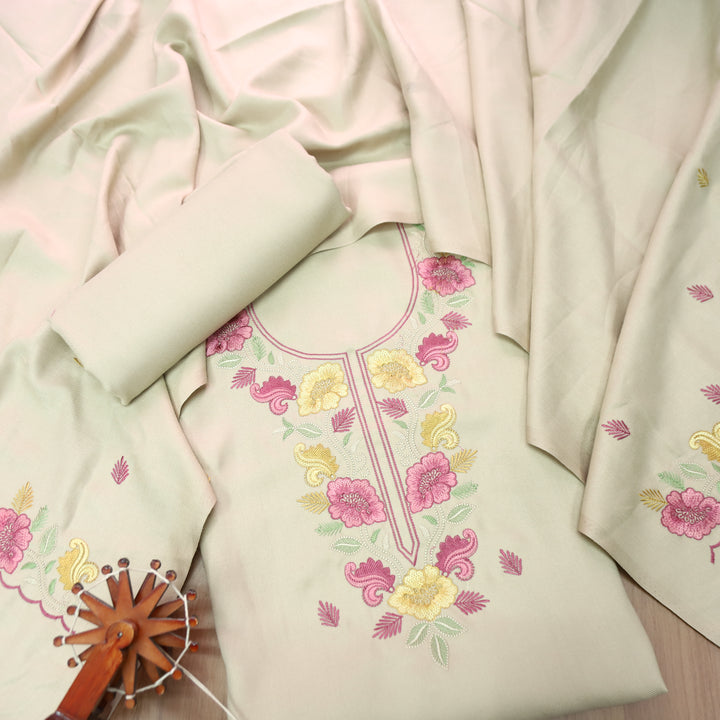 Mirza Cream Beige Kashida Embroidered Semi Pashmina Winter Set