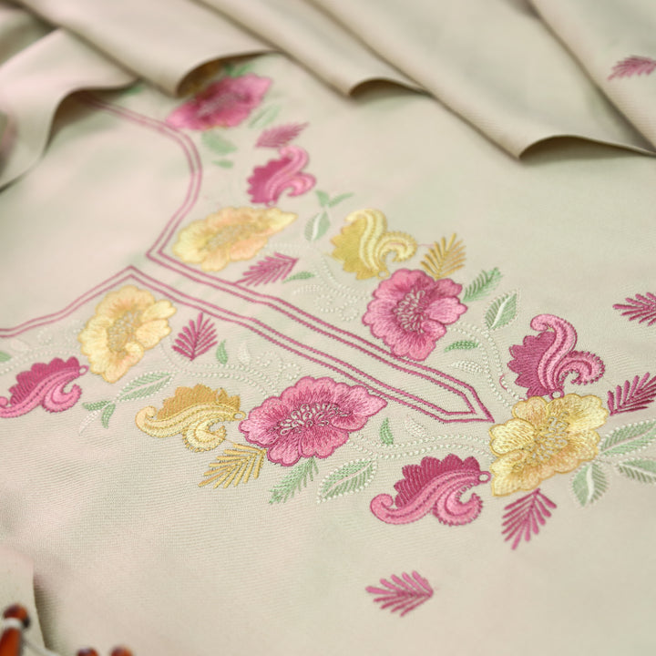 Mirza Cream Beige Kashida Embroidered Semi Pashmina Winter Set