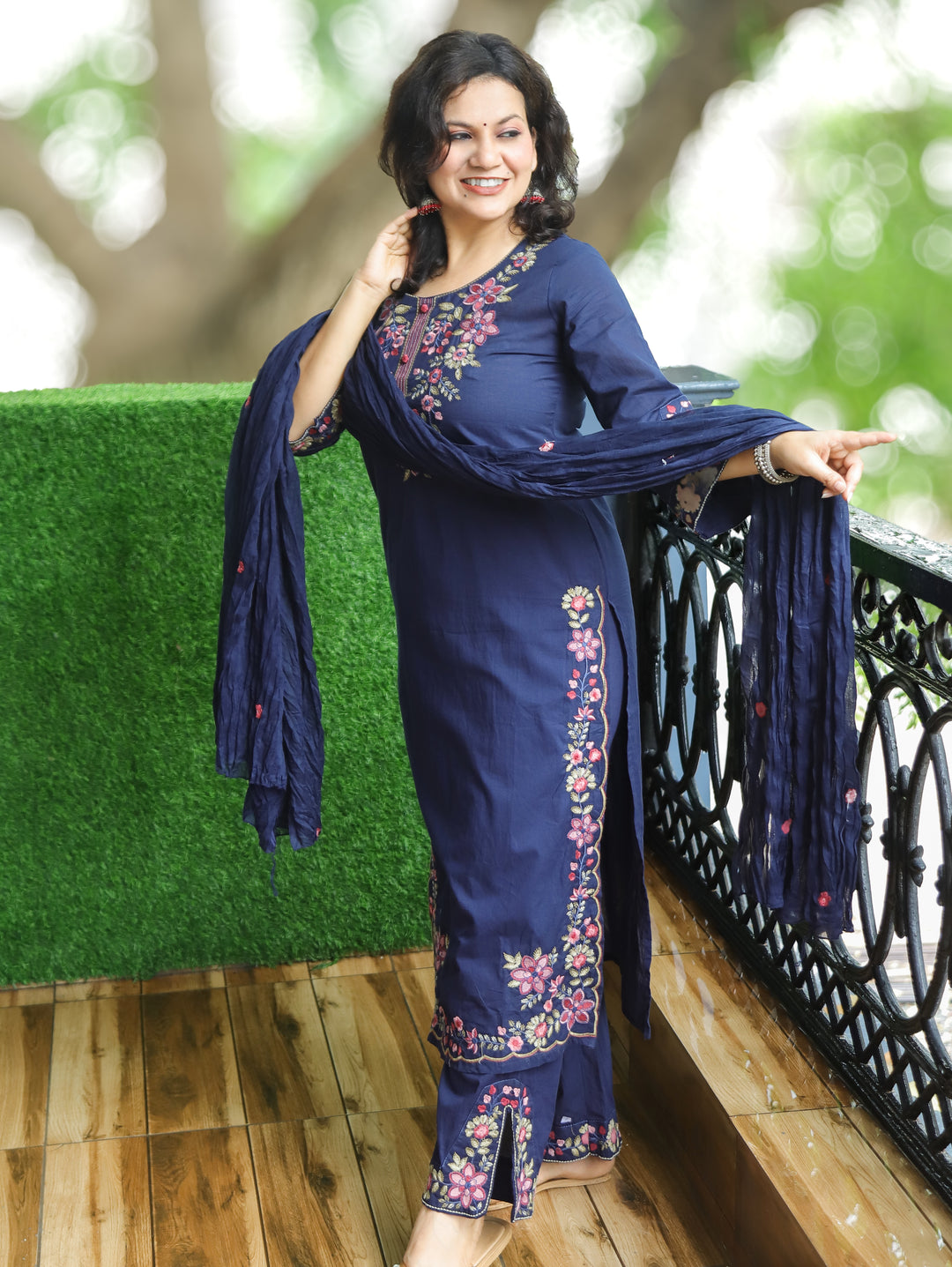 Manushi Navy Blue Embroidered Cotton 3 Piece Set