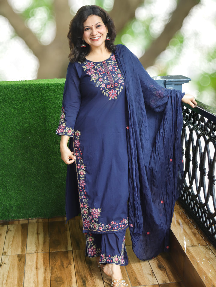 Manushi Navy Blue Embroidered Cotton 3 Piece Set