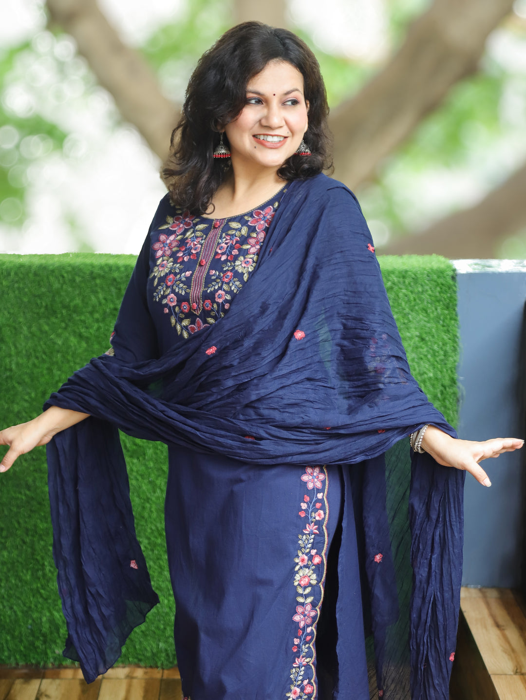 Manushi Navy Blue Embroidered Cotton 3 Piece Set
