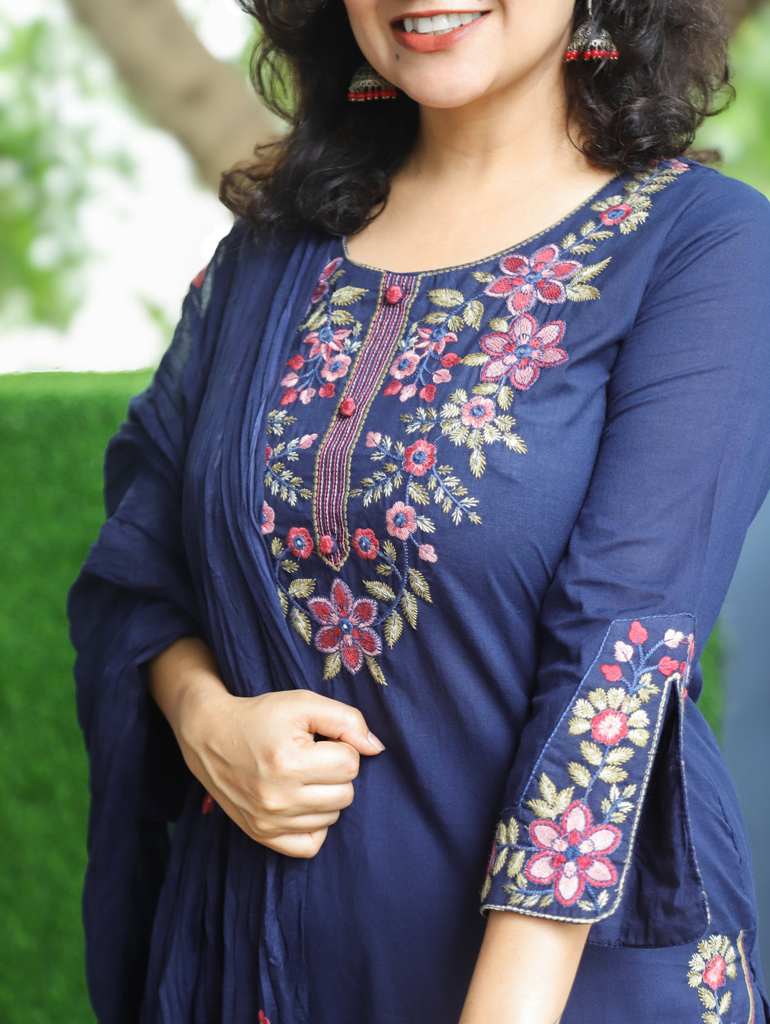 Manushi Navy Blue Embroidered Cotton 3 Piece Set