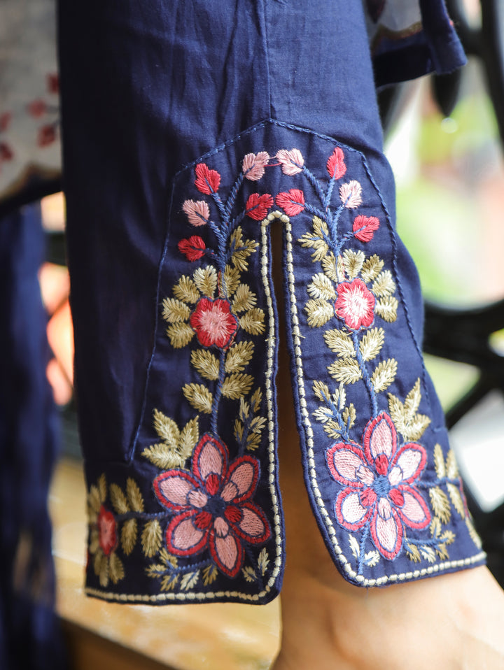 Manushi Navy Blue Embroidered Cotton 3 Piece Set
